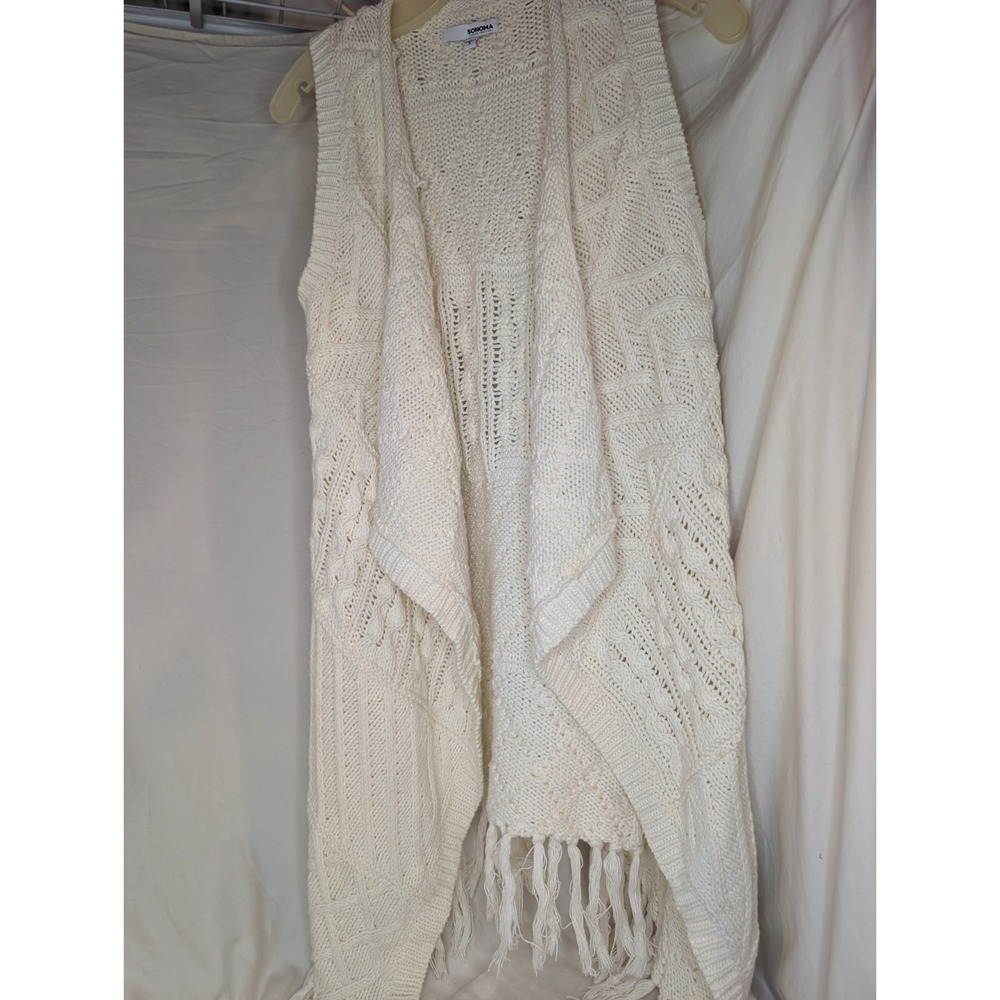 Sanoma Size Small Off White Crochet Vest Fringe Back